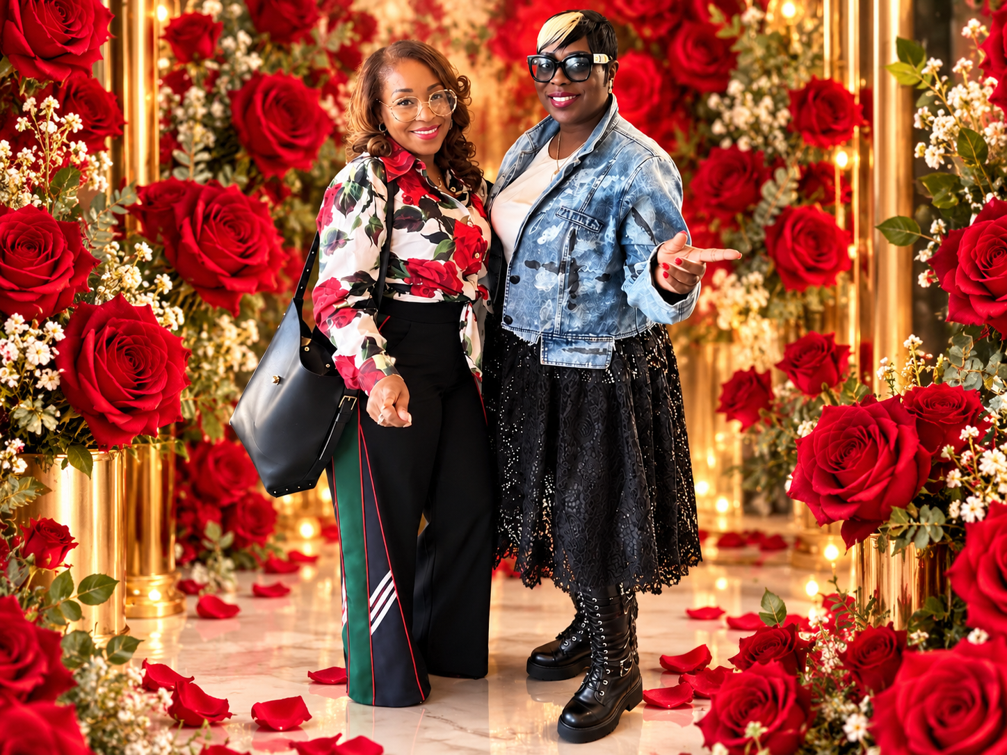 Two attendees dressed for a celebration, pictured in a rose-themed event setting.
