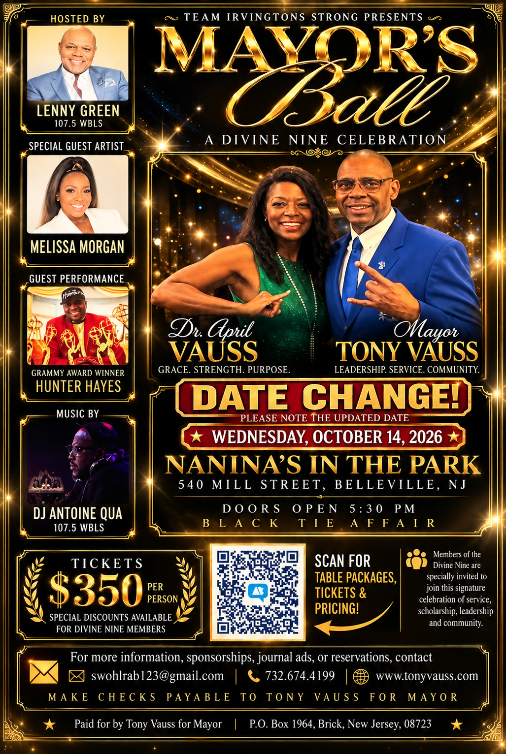 Mayor's Ball: A Divine Nine Celebration. Updated flyer lists Wednesday, October 14, 2026, at Nanina's in the Park, Belleville, New Jersey. Black-tie affair; doors open at 5:30 PM.