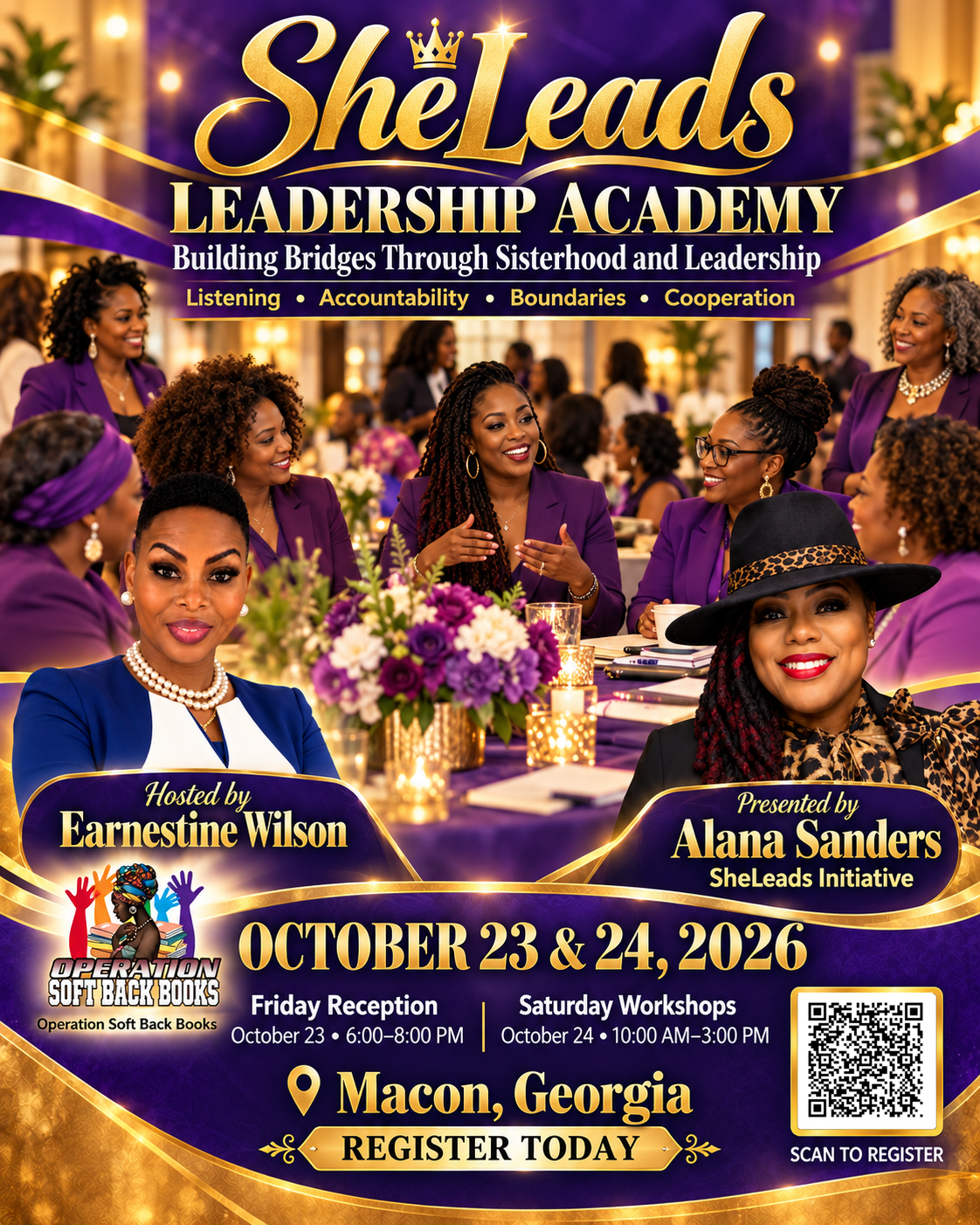 SheLeads Leadership Academy flyer: Building Bridges Through Sisterhood and Leadership, October 23 and 24, 2026, in Macon, Georgia. Friday reception 6–8 PM, Saturday workshops 10 AM–3 PM.